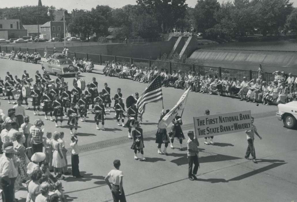 Cities and Towns, Fairs and Festivals, Motorized Vehicles, Iowa History, first national bank, Waverly Public Library, Children, Iowa, history of Iowa, band, car, parade, Main Streets & Town Squares