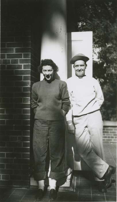 Portraits - Group, porch, Iowa, USA, curly hair, sweater, brick, woman, hat, Leisure, column, Palczewski, Catherine, watch, man, history of Iowa, shade, Iowa History