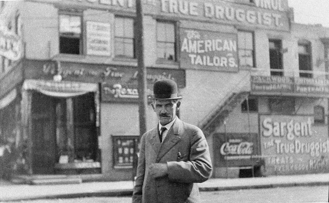 Main Streets & Town Squares, history of Iowa, advertisement, bowler hat, Ottumwa, IA, Iowa History, Lemberger, LeAnn, Businesses and Factories, Iowa, Cities and Towns, drugstore, hat, Portraits - Individual