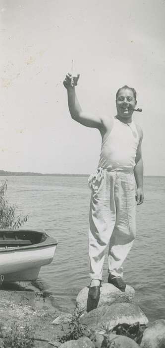 italian american, Lakes, Rivers, and Streams, Campopiano Von Klimo, Melinda, Iowa History, pipe, Leisure, Iowa, history of Iowa, Portraits - Individual, lake, beer, boat, Food and Meals, Okoboji, IA, Travel