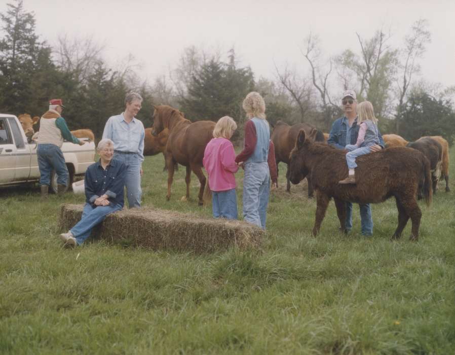 history of Iowa, Iowa History, IA, Animals, hay, donkey, Schrodt, Evelyn, riding, Iowa, Farms, horses, horse, Children