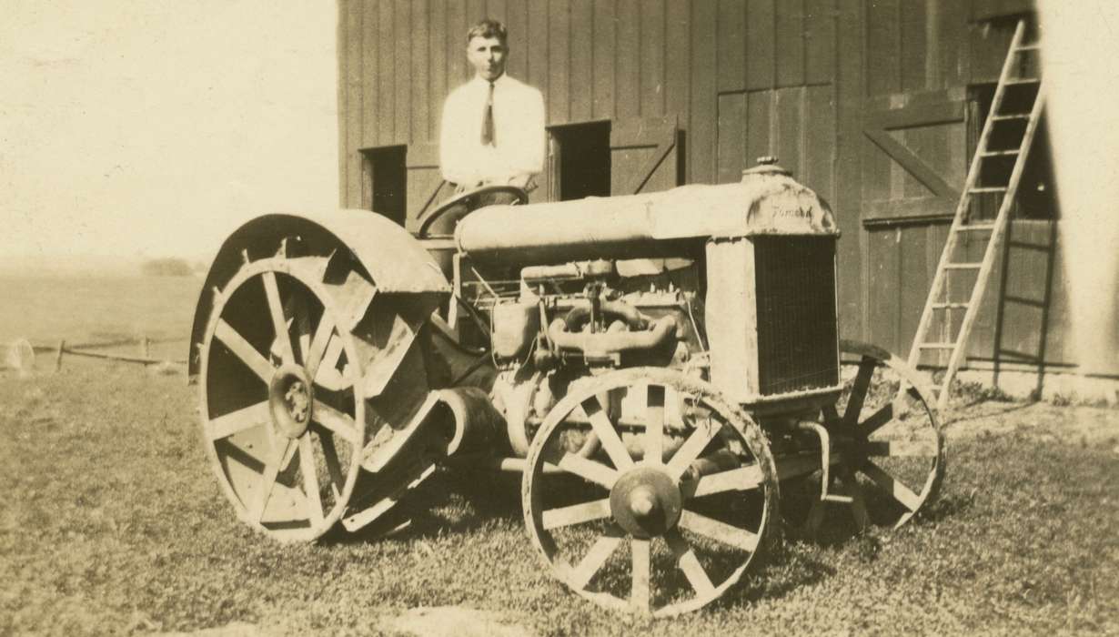 Iowa, Barns, Aust, Kim, Portraits - Individual, Walcott, IA, Farming Equipment, Farms, tractor, history of Iowa, Motorized Vehicles, Iowa History