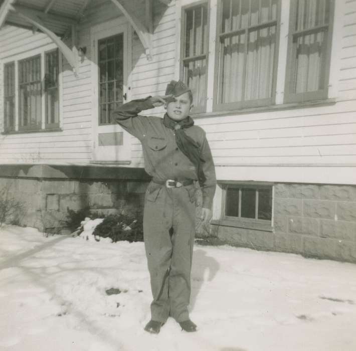 uniform, Iowa, USA, Children, Foreman, Jane, Portraits - Individual, house, boy scout, Civic Engagement, history of Iowa, salute, Iowa History