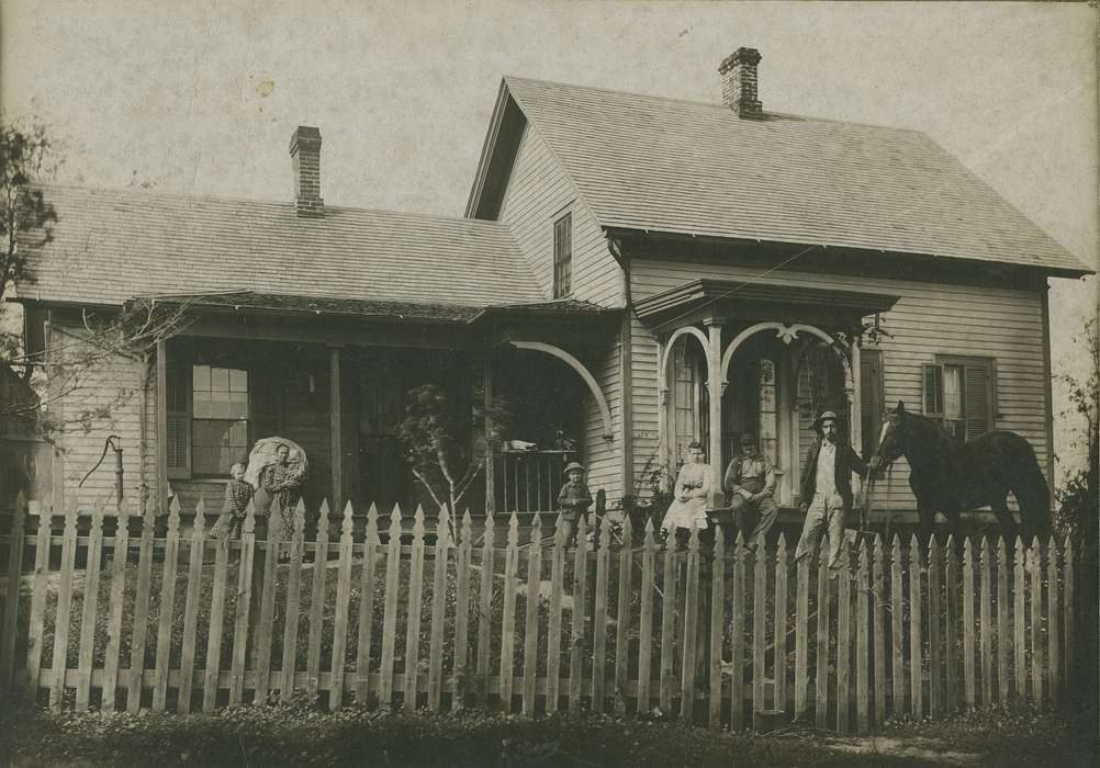 Portraits - Group, Benda, Carolyn, history of Iowa, Iowa History, IA, Animals, Iowa, family, fence, Homes, house, horse, pump