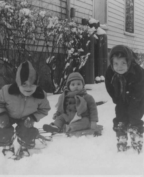 Portraits - Group, sled, history of Iowa, Iowa History, Winter, siblings, Iowa, Outdoor Recreation, snow, Cascade, IA, Children, Cigrand, Mariann