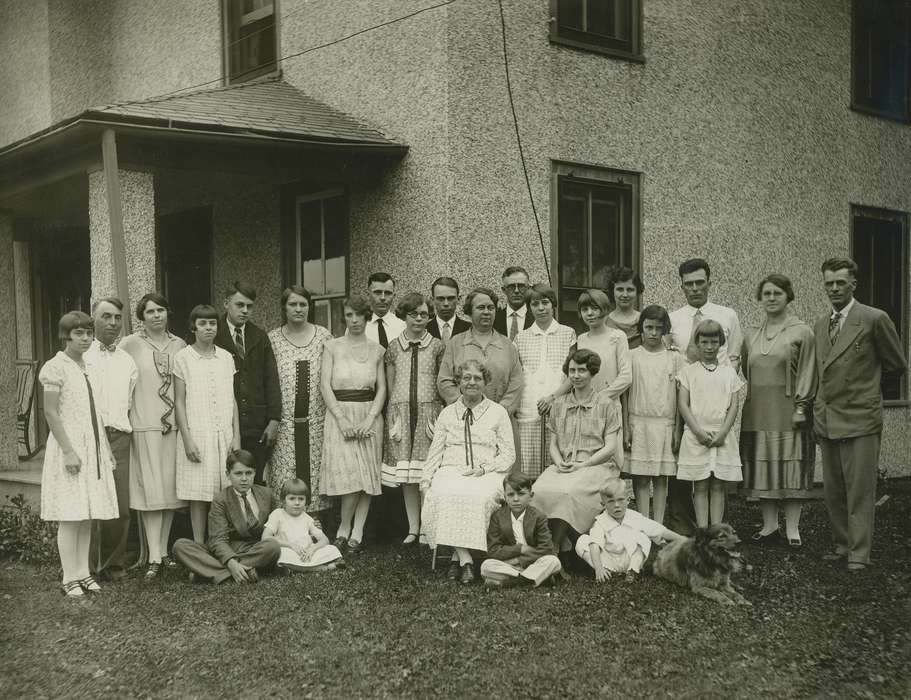 Portraits - Group, correct date needed, Iowa, dog, Families, Children, bowtie, hairstyle, house, West Liberty, IA, history of Iowa, Meyers, Peggy, Iowa History