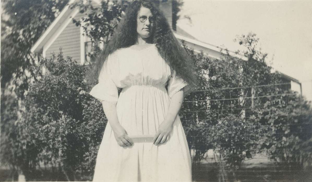 curly hair, IA, comb, Homes, history of Iowa, glasses, Iowa, dress, Portraits - Individual, University of Northern Iowa Museum, Iowa History, bush, Schools and Education