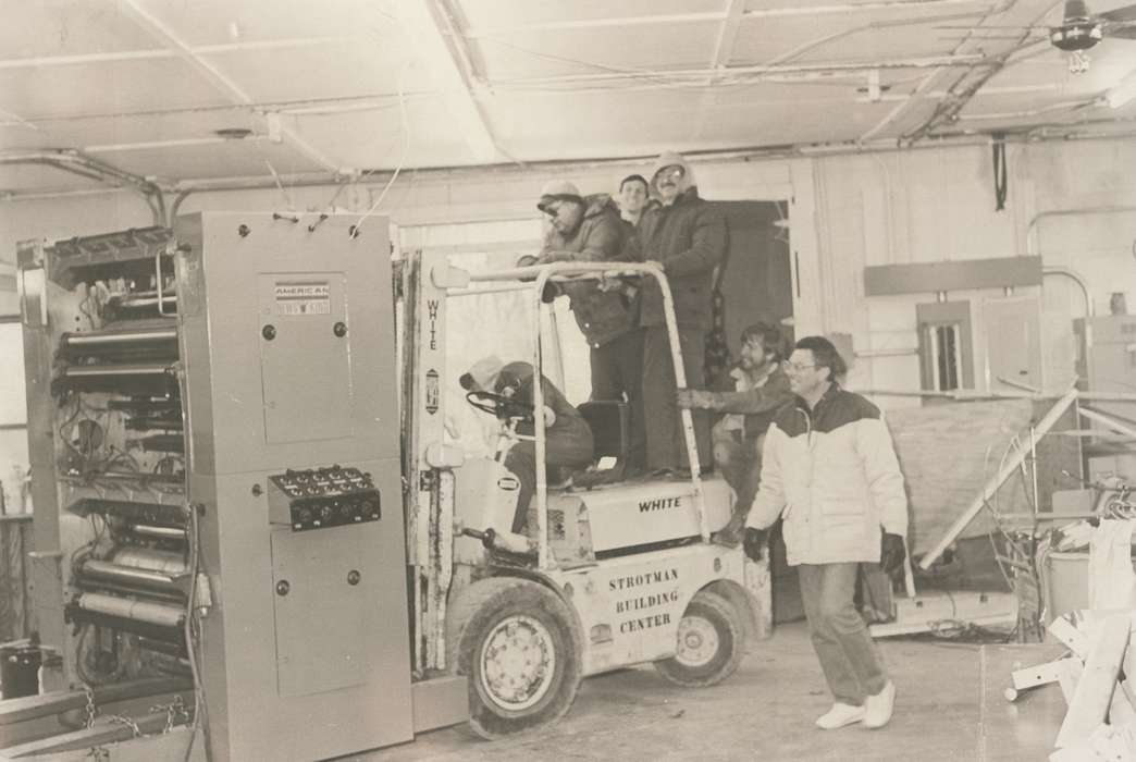 Labor and Occupations, forklift, Motorized Vehicles, coat, Iowa History, Waverly Public Library, Waverly, IA, Iowa, smile, history of Iowa, press, glasses, Businesses and Factories, people, Portraits - Group