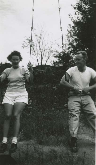 Portraits - Group, woman, Iowa History, Iowa, t-shirt, USA, swing, Outdoor Recreation, Palczewski, Catherine, man, gaze, shorts, Leisure, socks, history of Iowa, swing set