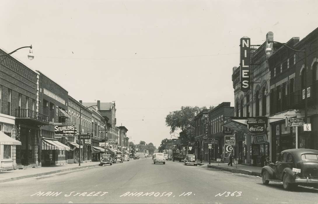 mainstreet, Iowa, storefront, car, sign, Cities and Towns, Businesses and Factories, street light, Anamosa, IA, history of Iowa, Hatcher, Cecilia, Motorized Vehicles, Main Streets & Town Squares, Iowa History