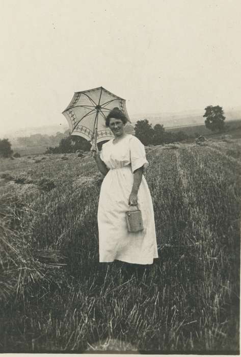 parasol, IA, grass, history of Iowa, Farms, Iowa, field, dress, Portraits - Individual, bucket, University of Northern Iowa Museum, Iowa History