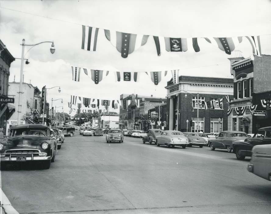 Main Streets & Town Squares, frigidaire, history of Iowa, Iowa History, celebration, Motorized Vehicles, Businesses and Factories, centennial, car, chevrolet, Fairs and Festivals, first national bank, Iowa, Cities and Towns, Waverly Public Library