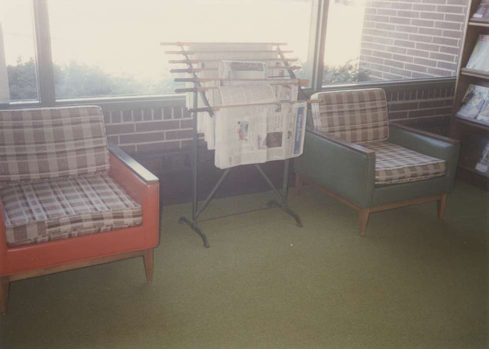 Waverly Public Library, history of Iowa, furniture with cushions, newspaper, Iowa History, newspaper rack, Iowa, Leisure