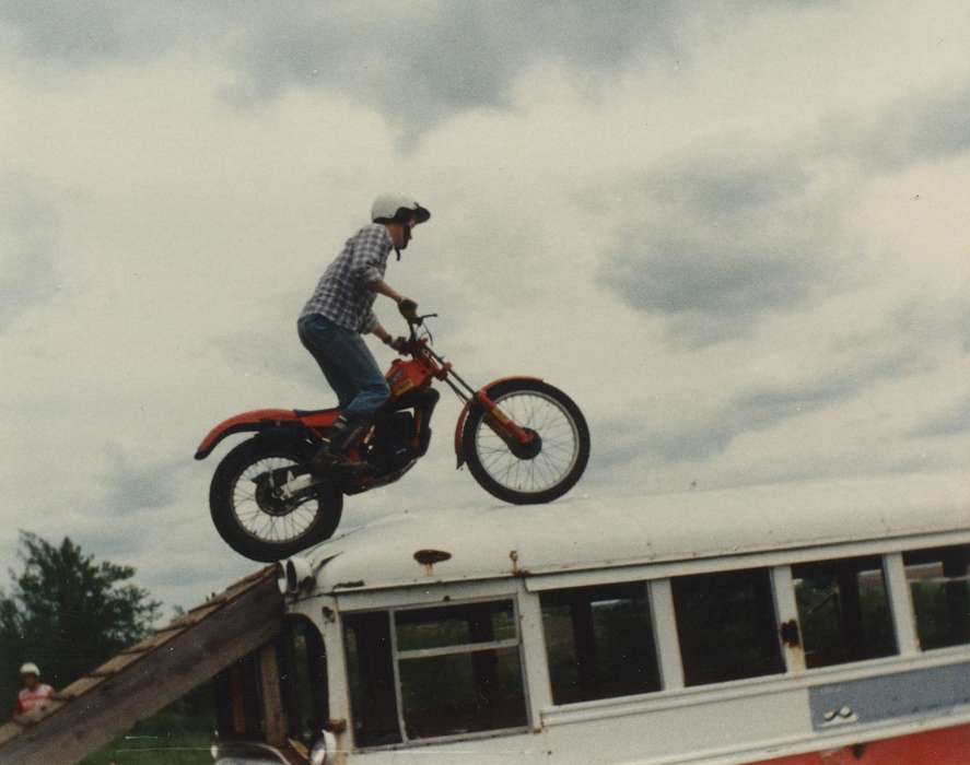school bus, Le Grand, IA, history of Iowa, Entertainment, Iowa History, Kearns, Kim, Motorized Vehicles, motorcycle, stunt, Iowa, bus