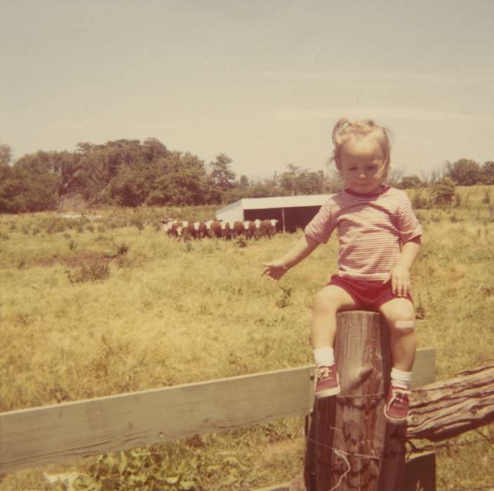 history of Iowa, Iowa History, Wilson, Jane, girl, shorts, Animals, cattle, field, Jamaica, IA, Iowa, fence, Farms, pigtails, Children, Leisure