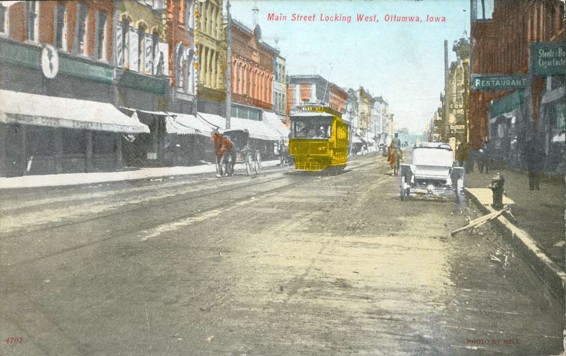 mainstreet, Ottumwa, IA, Iowa, storefront, veranda, fire hydrant, car, Lemberger, LeAnn, Cities and Towns, Businesses and Factories, history of Iowa, Motorized Vehicles, Main Streets & Town Squares, Iowa History, street car