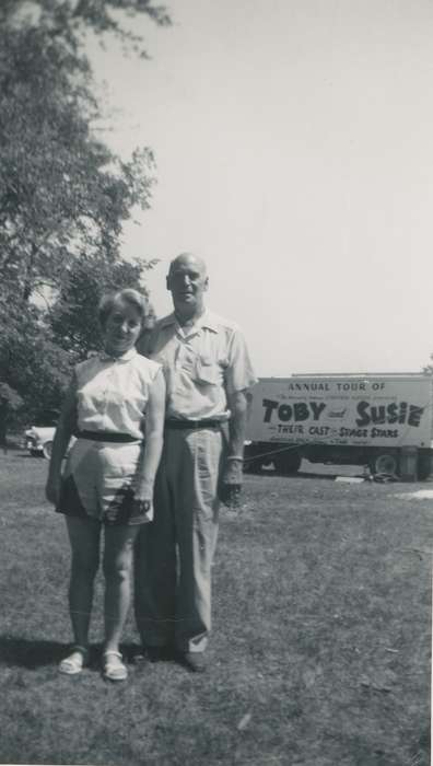 Portraits - Group, Mount Pleasant, IA, correct date needed, Travel, Iowa, couple, Theatre Museum of Repertoire Americana, Entertainment, theater, history of Iowa, Motorized Vehicles, Iowa History