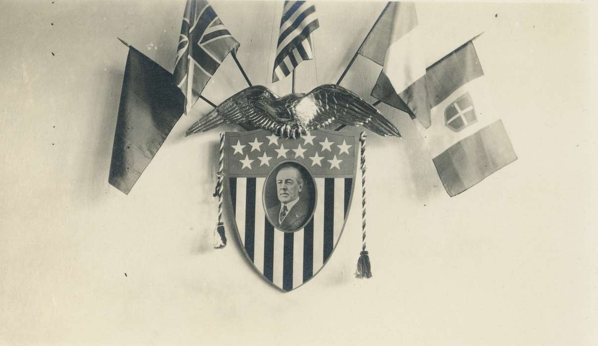 french flag, the great war, IA, belgium flag, history of Iowa, shield, world war 1, eagle, american flag, woodrow wilson, Iowa, tassel, University of Northern Iowa Museum, italian flag, Iowa History, president, great britain flag, flags