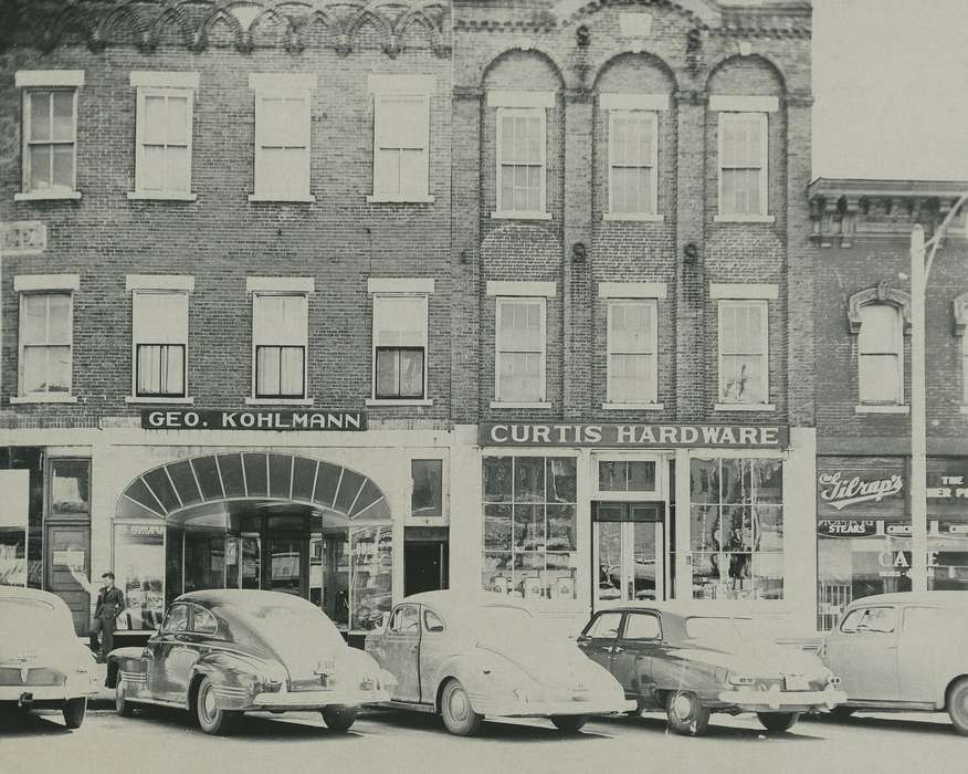 Main Streets & Town Squares, history of Iowa, Iowa History, hardware store, Motorized Vehicles, brick building, Waverly, IA, jewelry store, Iowa, Cities and Towns, Waverly Public Library