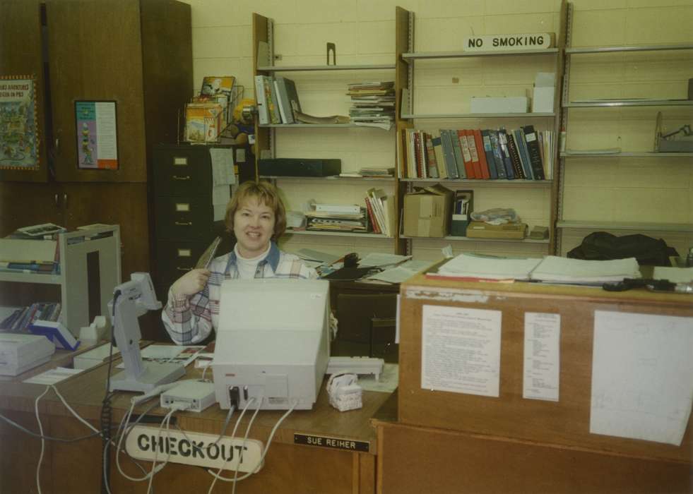 Waverly Public Library, history of Iowa, Iowa History, library checkout desk, library, Iowa, desktop computer, Leisure, Portraits - Individual