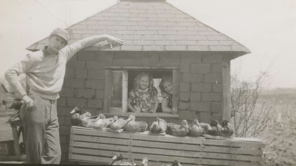 Portraits - Group, history of Iowa, Iowa History, IA, window, Animals, duck, Dean, Shirley, Iowa, Farms, Children