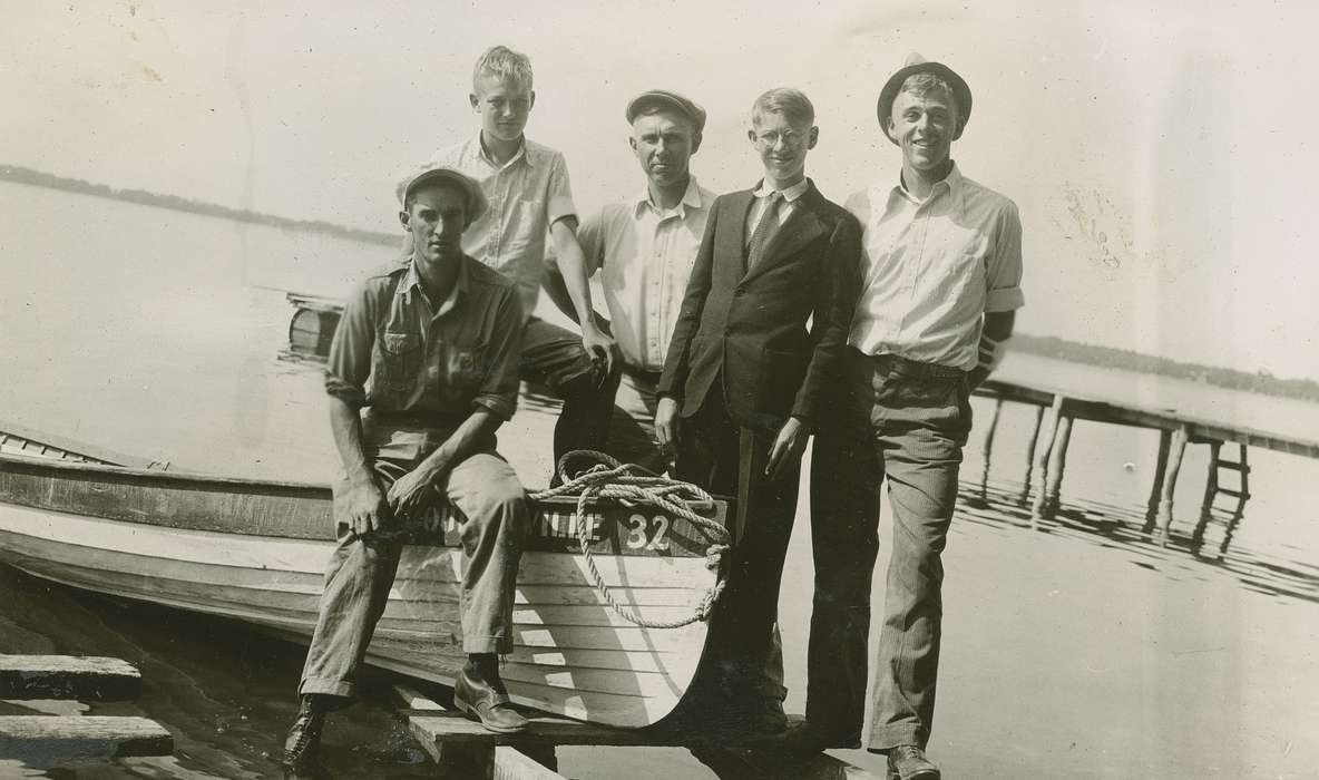 Portraits - Group, boy scouts, Clear Lake, IA, history of Iowa, Iowa History, Lakes, Rivers, and Streams, fishing, Iowa, dock, boat, McMurray, Doug, Outdoor Recreation