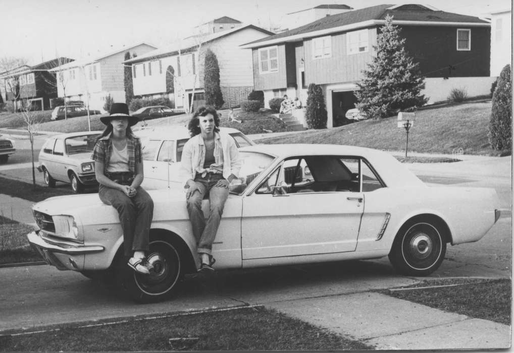 Portraits - Group, neighborhood, hat, mustang, car, Iowa History, Hill, John, Iowa, Motorized Vehicles, ford, IA, sidewalk, history of Iowa