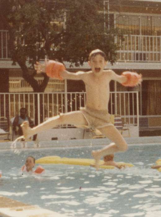 Travel, history of Iowa, swimmer, Iowa History, Barber, Jackie, floaties, swimming pool, Iowa, Outdoor Recreation, FL, silly, Children, pool, hotel