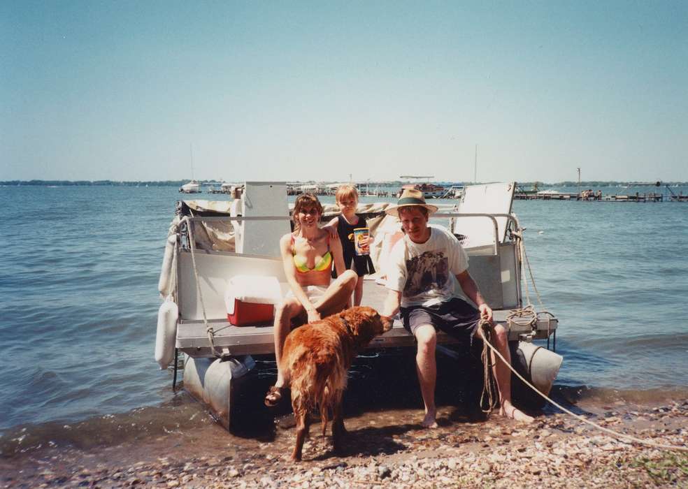 Portraits - Group, Iowa, Animals, golden retriever, summer, Iowa History, Kearns, Kim, dog, Leisure, swimsuit, boating, Lakes, Rivers, and Streams, lake, Clear Lake, IA, history of Iowa, Motorized Vehicles, pontoon