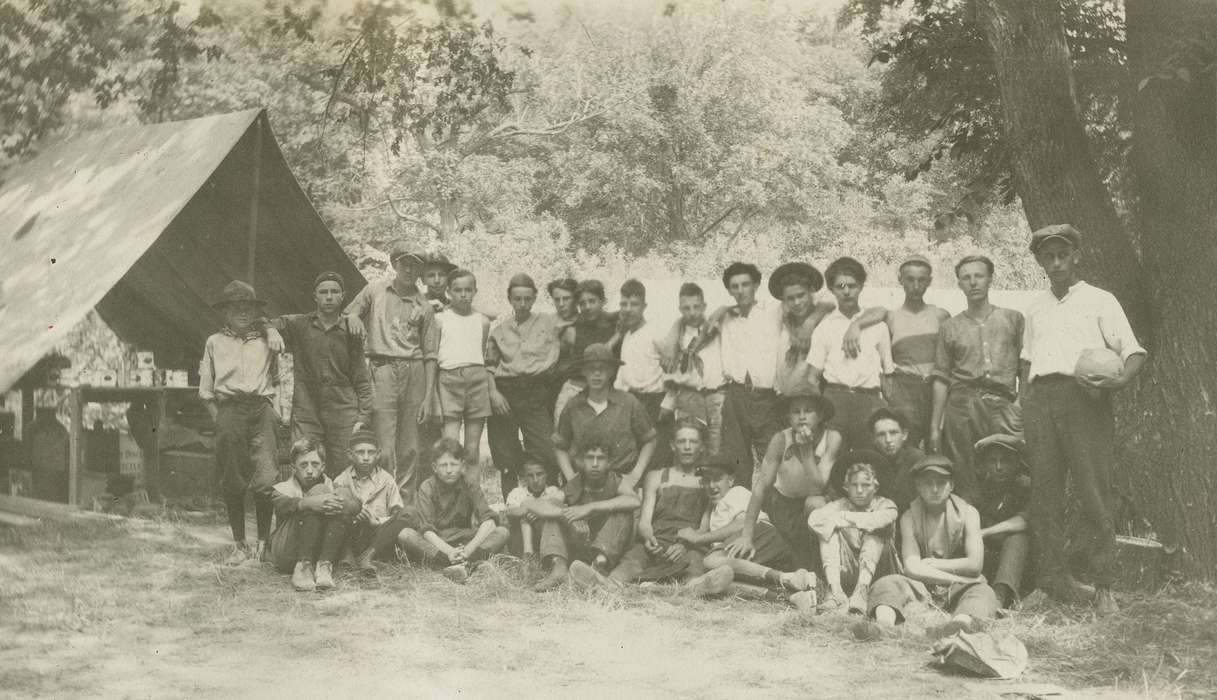 Portraits - Group, Stratford, IA, boy scouts, history of Iowa, Iowa History, McMurray, Doug, Iowa, tents, Children, camping