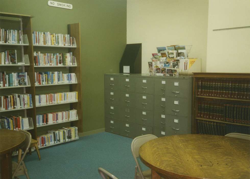 Iowa History, bookshelf, Leisure, Waverly Public Library, Iowa, history of Iowa, table and chairs, metal cabinets, books