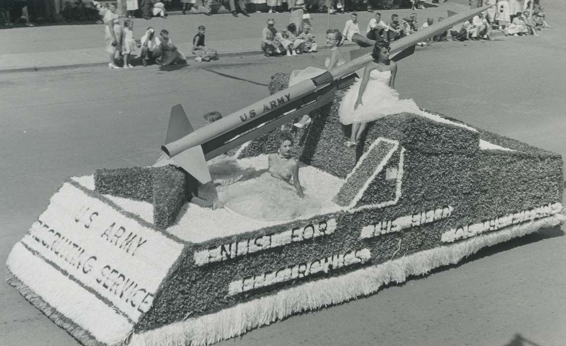 history of Iowa, Military and Veterans, Waverly Public Library, Main Streets & Town Squares, Iowa, Motorized Vehicles, float, girls, army, Iowa History, Cities and Towns, parade, Fairs and Festivals