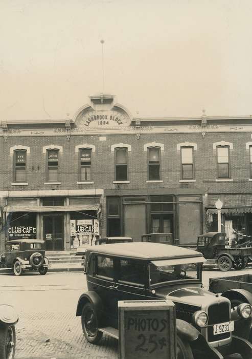 history of Iowa, Waverly Public Library, Waverly, IA, Main Streets & Town Squares, Iowa, cafe, Motorized Vehicles, brick road, brick building, Iowa History, Cities and Towns