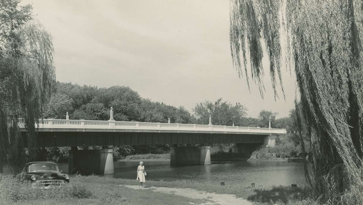 bridge, history of Iowa, Iowa History, Motorized Vehicles, Lakes, Rivers, and Streams, car, willow tree, river, Iowa, Anamosa, IA, dress, Hatcher, Cecilia, Portraits - Individual