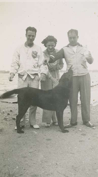 Portraits - Group, trousers, Iowa, Animals, Okoboji, IA, dog, sand, jacket, Campopiano Von Klimo, Melinda, Lakes, Rivers, and Streams, lake, history of Iowa, beach, Iowa History