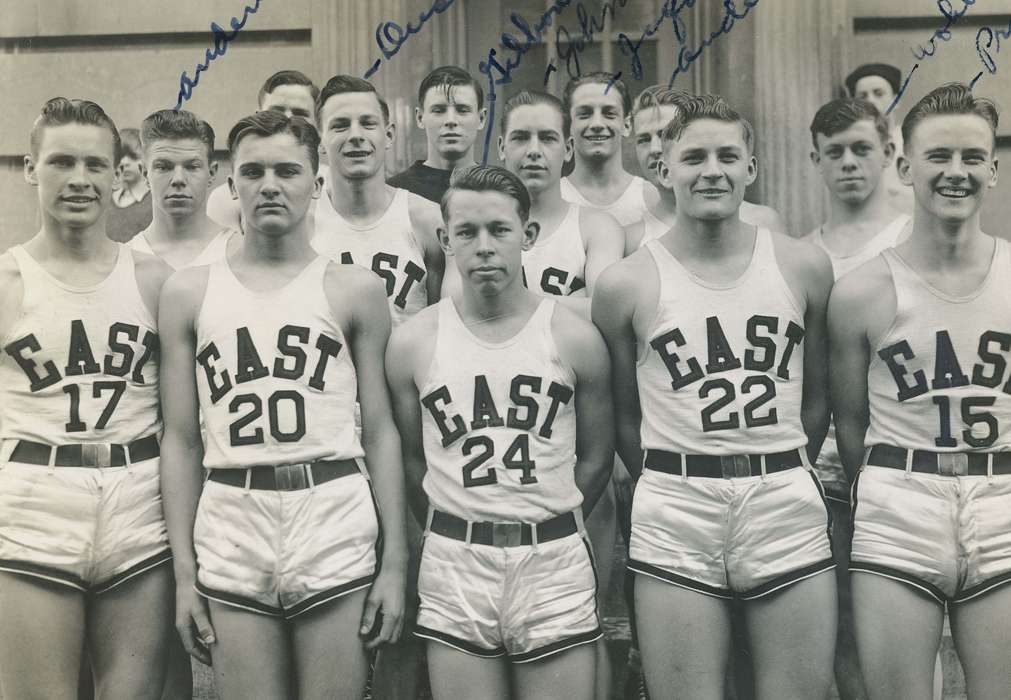 Portraits - Group, basketball, basketball uniform, Iowa, Children, basketball team, Des Moines, IA, Campopiano Von Klimo, Melinda, Sports, east high school, history of Iowa, Iowa History, short shorts