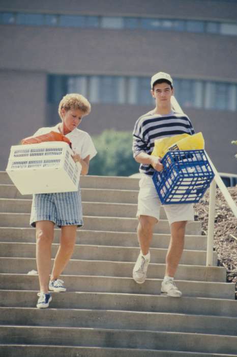 Iowa, crate, curly hair, UNI Special Collections & University Archives, Schools and Education, Families, stairs, uni, baseball cap, university of northern iowa, Cedar Falls, IA, history of Iowa, Iowa History