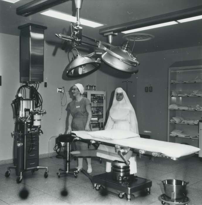 operating room, Main Streets & Town Squares, main street, history of Iowa, surgical light, Iowa History, surgery, nun, nurse, Iowa, Hospitals, Waverly Public Library, Labor and Occupations