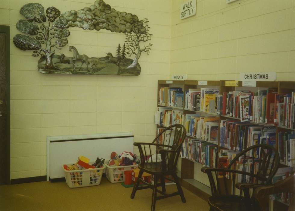 Main Streets & Town Squares, Waverly Public Library, history of Iowa, Iowa History, books, bookshelf, toys, metal decoration, wooden chair, Iowa, Leisure