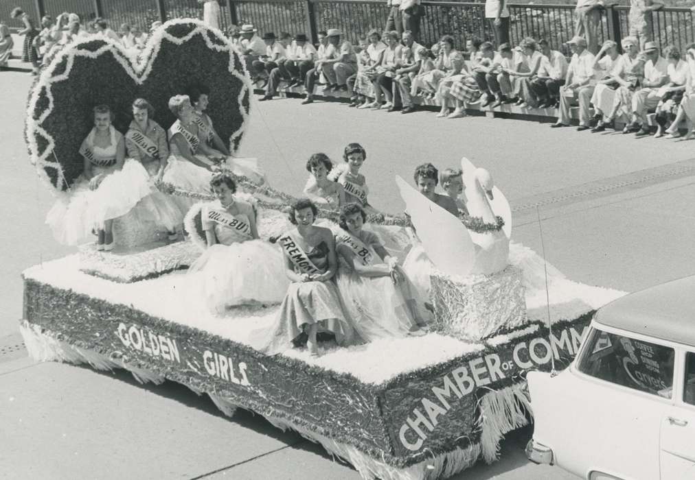 Cities and Towns, Fairs and Festivals, Motorized Vehicles, Iowa History, Waverly Public Library, Iowa, history of Iowa, beauty queen, parade, swan, float, Main Streets & Town Squares