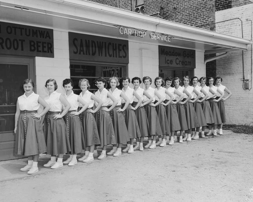 Portraits - Group, car hop, history of Iowa, Iowa History, Ottumwa, IA, waitress, Businesses and Factories, root beer, Iowa, Lemberger, LeAnn, Labor and Occupations