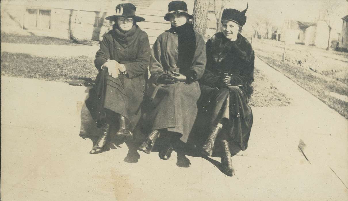 Portraits - Group, IA, Iowa, hat, scarf, sidewalk, history of Iowa, feather hat, Neessen, Ben, shoes, friends, Iowa History