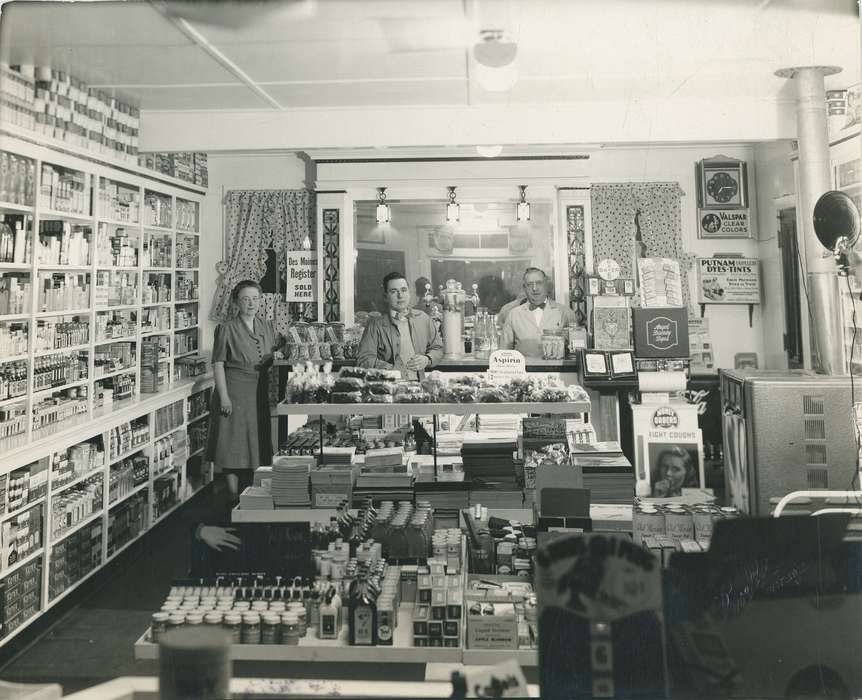 Portraits - Group, drug store, correct date needed, Iowa, Waverly Public Library, curtains, display case, Businesses and Factories, clock, lagomarcino, Labor and Occupations, drugstore, history of Iowa, Waverly, IA, lights, Iowa History