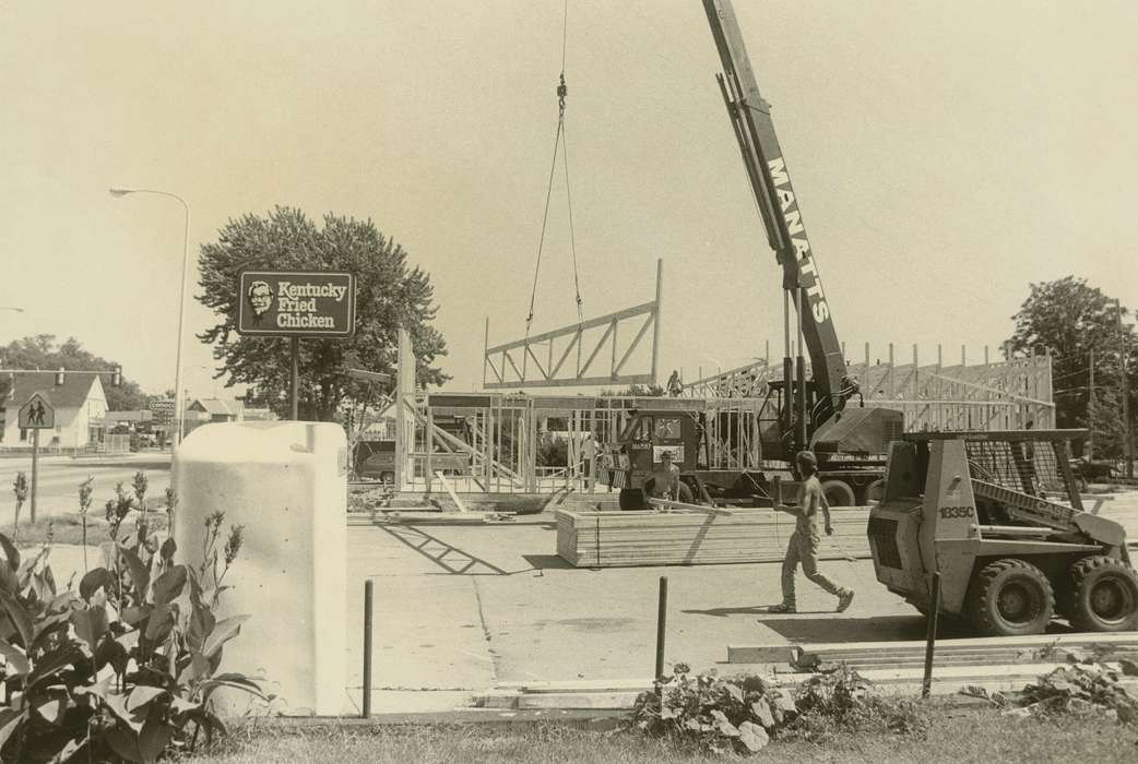 Waverly Public Library, crane, history of Iowa, construction materials, Iowa History, Motorized Vehicles, Businesses and Factories, Waverly, IA, forklift, Iowa, restaurant, construction crew, Labor and Occupations