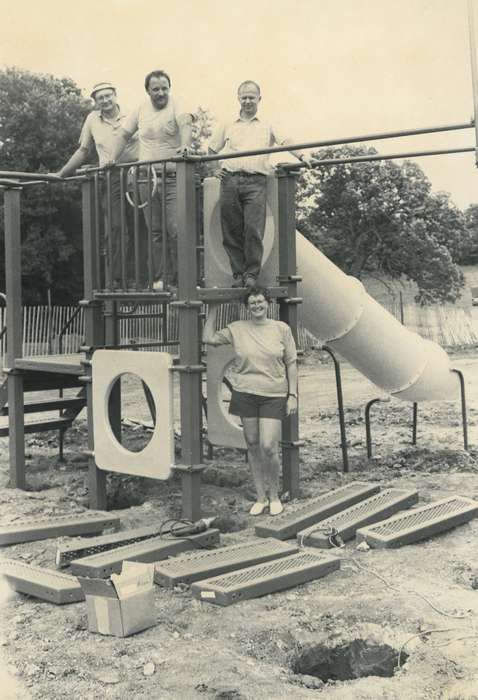 Portraits - Group, history of Iowa, Iowa History, IA, slide, smile, glasses, Iowa, correct date needed, stairs, Waverly Public Library, park