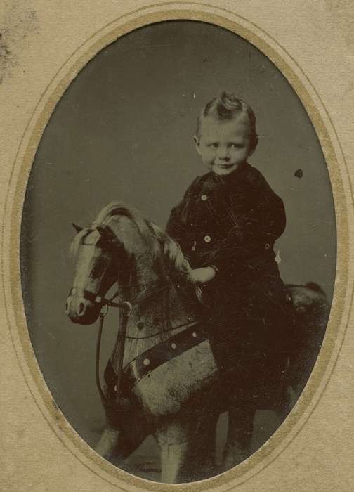 Davenport, IA, history of Iowa, Iowa History, tintype, Animals, rocking horse, child, Iowa, boy, Olsson, Ann and Jons, horse, Children, Portraits - Individual