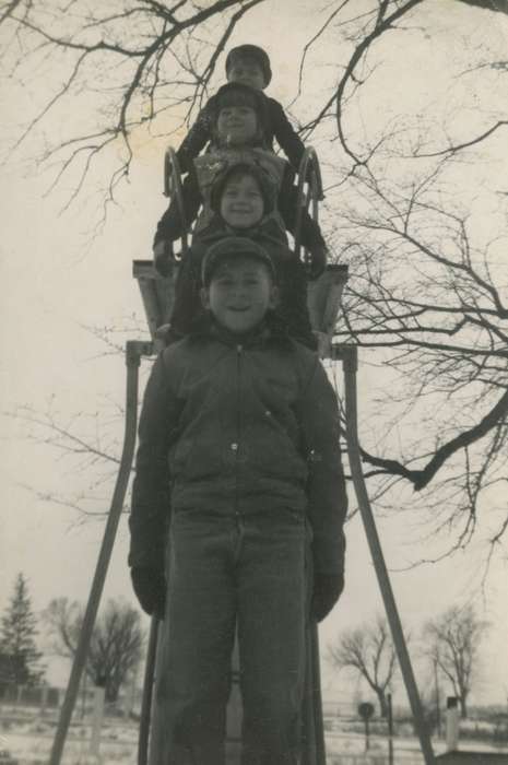 Portraits - Group, playground, history of Iowa, Iowa History, slide, Winter, ladder, Washington, IA, Iowa, Outdoor Recreation, Salway, Evelyn, silly, Children