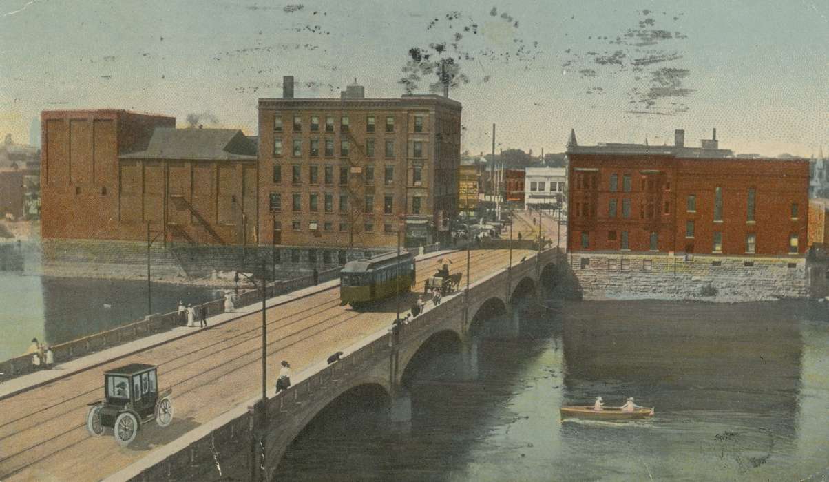 Main Streets & Town Squares, Cities and Towns, Motorized Vehicles, Waterloo, IA, Iowa History, river, car, history of Iowa, bridge, trolley, Iowa, Cook, Mavis, boat