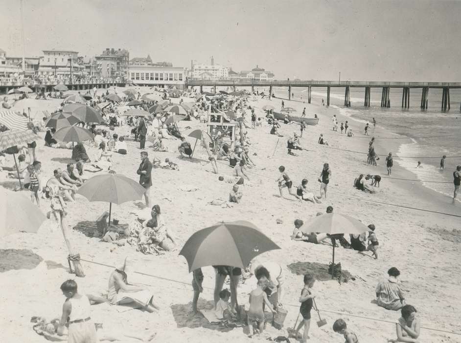 Travel, history of Iowa, Iowa History, Ocean Grove, NJ, ocean, umbrella, beach, Iowa, McMurray, Doug, pier, Children, sand