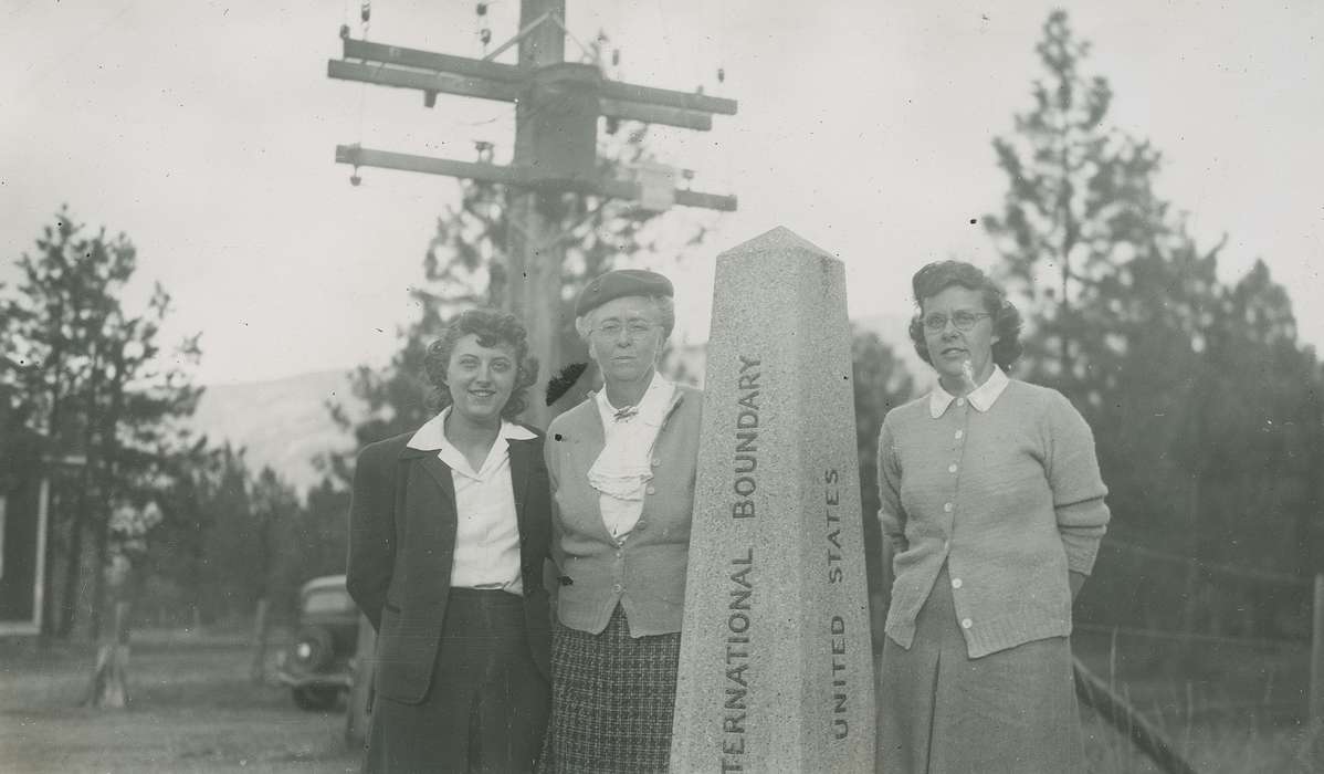 Portraits - Group, Travel, Iowa, Iowa History, McMurray, Doug, telephone pole, boundary marker, car, Laurier, WA, history of Iowa, beret, Motorized Vehicles, glasses